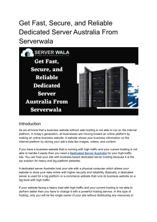 Get Fast, Secure and Reliable Dedicated Server Australia From Serverwala