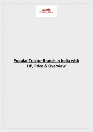 Popular Tractor Brands In India with HP, Price & Overview