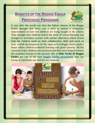 Benefits of the Reggio Emilia Preschool Programs - Nido Verde Di Reggio Emilia