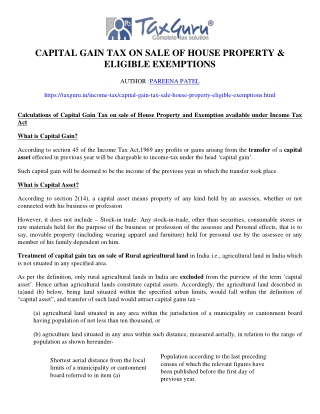 Capital Gain Tax on sale of House Property & Eligible Exemptions