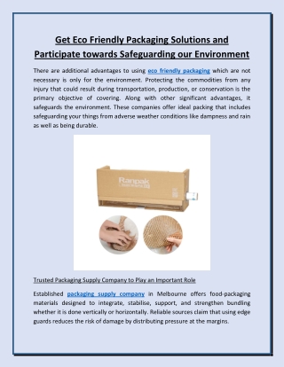 Get Eco Friendly Packaging Solutions and Participate towards Safeguarding our Environment