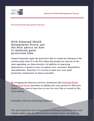 With Diamond Shield Management Korea, get the best advice on how to maintain paint protection film.