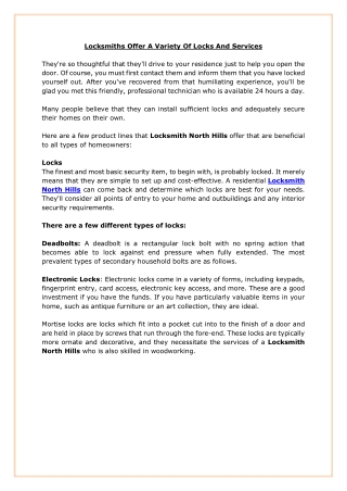 Locksmiths Offer A Variety Of Locks And Services