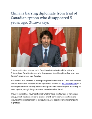 China is barring diplomats from trial of Canadian tycoon who disappeared 5 years ago, Ottawa says