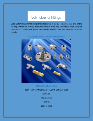 Instrument Fittings Manufacturers in India  Techtubes.in