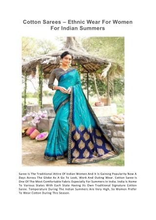 Cotton Sarees – Ethnic Wear For Women For Indian Summers