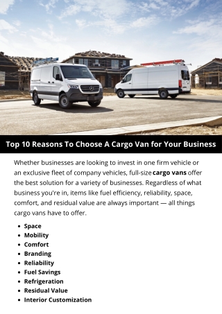 Top 10 Reasons To Choose A Cargo Van for Your Business