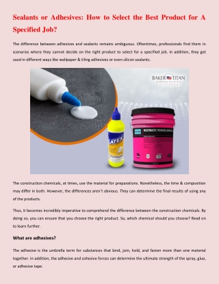 Sealants or Adhesives - How to Select the Best Product for A Specified Job