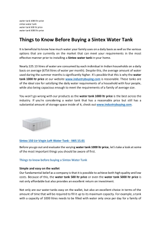 Things to Know Before Buying a Sintex Water Tank