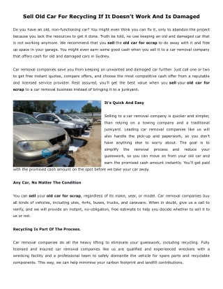 Sell Old Car For Recycling If It Doesn't Work And Is Damaged