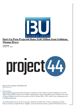 Start-Up Firm Project44 Raise $240 Million from Goldman, Thomas Bravo