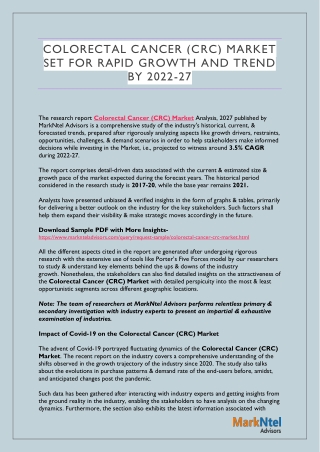 COLORECTAL CANCER (CRC) MARKET SET FOR RAPID GROWTH AND TREND BY 2022-27