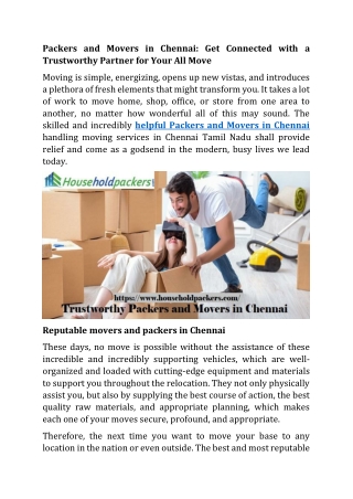 Packers and Movers in Chennai- Get Connected with a Trustworthy Partner for Your All Move
