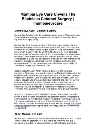 Mumbai Eye Care Unveils The Bladeless Cataract Surgery | mumbaieyecare