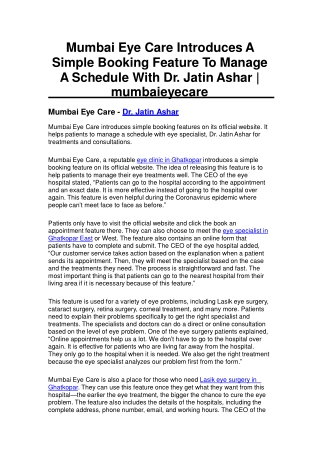 Mumbai Eye Care Introduces  Booking Feature To   Schedule With Dr. Jatin Ashar