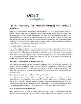 Tips for Compliantly and Effectively Managing Your Contingent Workforce - Volt Consulting Group