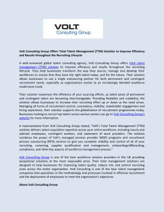 Volt Consulting Group Offers Total Talent Management (TTM) Solution to Improve Efficiency and Results throughout the Rec