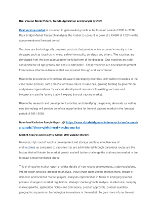 Oral Vaccine Market Share, Trends, Application and Analysis by 2028