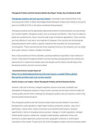 Therapeutic Proteins and Oral Vaccines Market Key Players Trends, Size, & Outlook by 2028