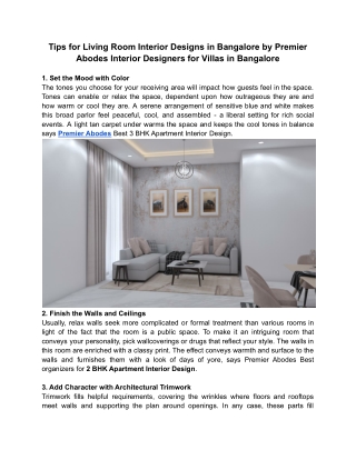 Tips for Living Room Interior Designs in Bangalore by Premier Abodes Interior Designers for Villas in Bangalore