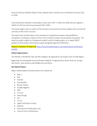 Food Certification Market Trends, Market Share, Industry Size, Growth, and Market Forecast 2021 to 2028