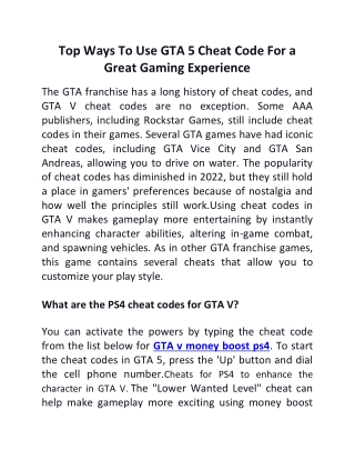 Top Ways To Use GTA 5 Cheat Code For a Great Gaming Experience