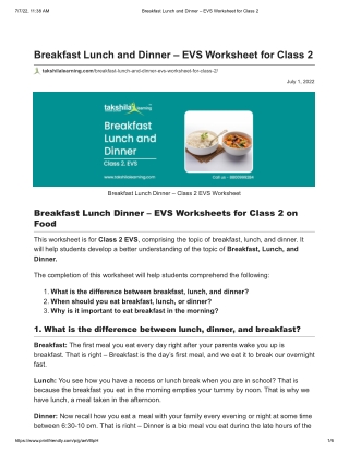 Breakfast Lunch and Dinner – EVS Worksheet for Class 2