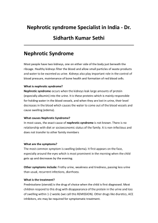 Nephrotic syndrome Specialist in India - Dr. Sidharth Kumar Sethi