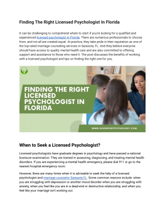 Finding The Right Licensed Psychologist In Florida
