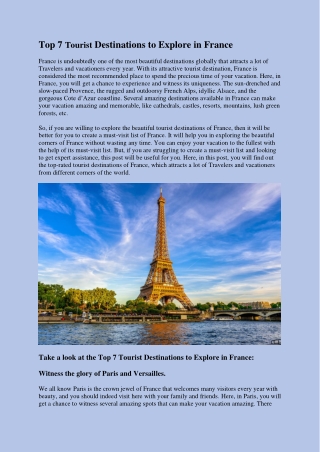 Top 7 Tourist Destinations to Explore in France