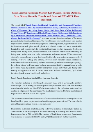 Saudi Arabia Residential, Hospitality and Commercial Furniture Market Outlook to 2023