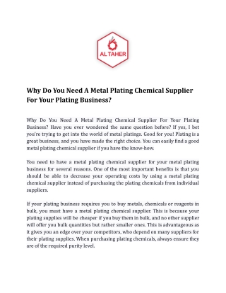 Why Do You Need A Metal Plating Chemical Supplier For Your Plating Business_