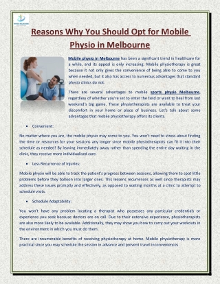 Reasons Why You Should Opt for Mobile Physio in Melbourne