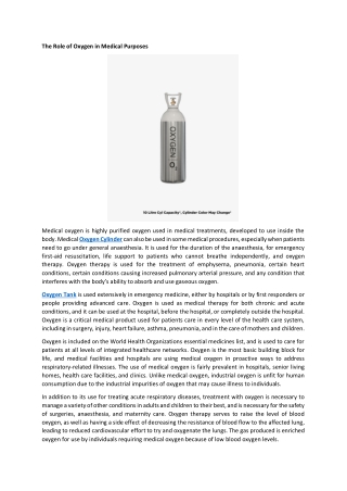 The Role of Oxygen in Medical Purposes