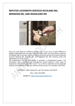 REPUTED LOCKSMITH SERVICES RICHLAND MS, BRANDON MS, AND RIDGELAND MS
