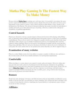Matka Play Gaming Is The Fastest Way To Make Money