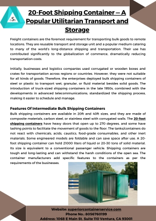 20-Foot Shipping Container — A Popular Utilitarian Transport and Storage