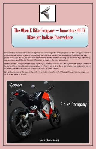 The Oben E Bike Company – Innovators Of EV Bikes for Indians Everywhere