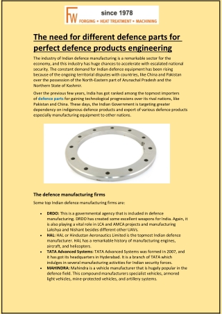 The need for different defence parts for perfect defence products engineering