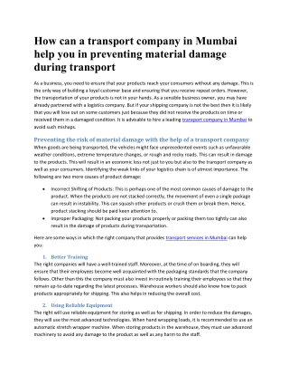 How can a transport company in Mumbai help you in preventing material damage during transport