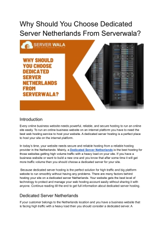 Why Should You Choose Dedicated Server Netherlands From Serverwala_