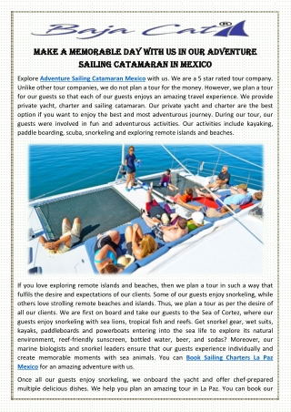 Make a memorable Day with us in our Adventure Sailing Catamaran in Mexico