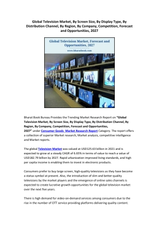 Global Television Market, By Screen Size, By Display Type, By Distribution Channel, By Region, By Company, Competition,