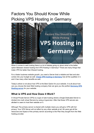 Factors You Should Know While Picking VPS Hosting in Germany
