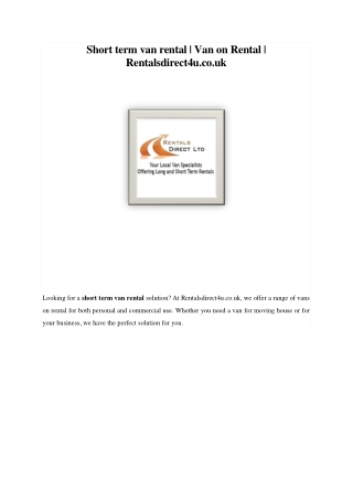 Short term van rental-----Rentals Direct