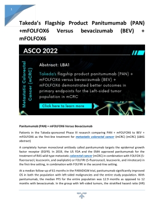 Takeda’s Flagship Product Panitumumab (PAN) mFOLFOX6 Versus bevacizumab (BEV)