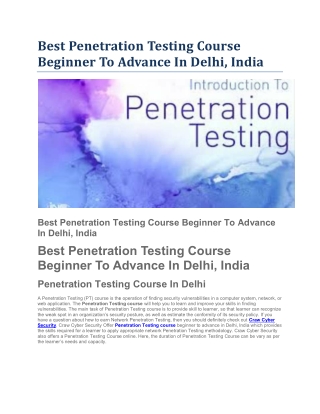 Best Penetration Testing Course Beginner To Advance In Delhi, India