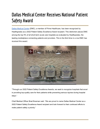 Dallas Medical Center Receives National Patient Safety Award