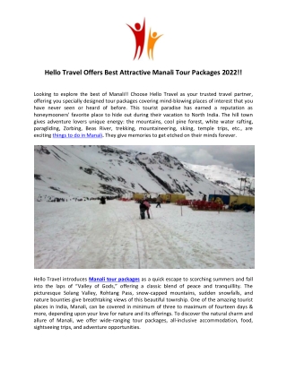 Hello Travel Offers Best Attractive Manali Tour Packages 2022!!