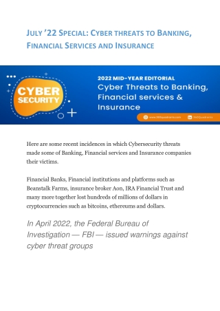July ’22 Special: Cyber threats to Banking, Financial Services and Insurance